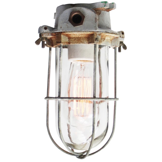 Vintage Industrial Grey Cast Iron Clear Glass Flush Mount by Industria Rotterdam For Sale