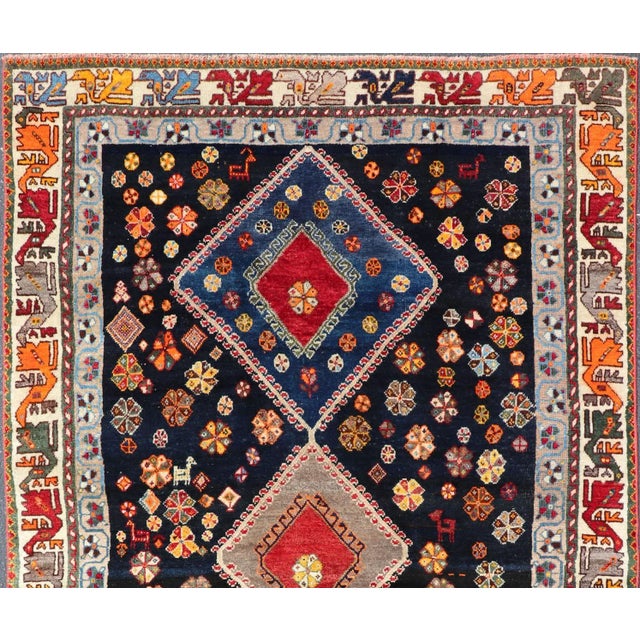 Navy Blue Vintage Persian Tribal Shiraz With Medallion Design on Dark Background 5'3 X 8'4 For Sale - Image 8 of 12