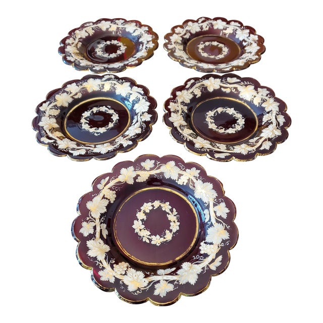 Antique Bohemian Glass Moser Ruby Plates- Set of 5 For Sale