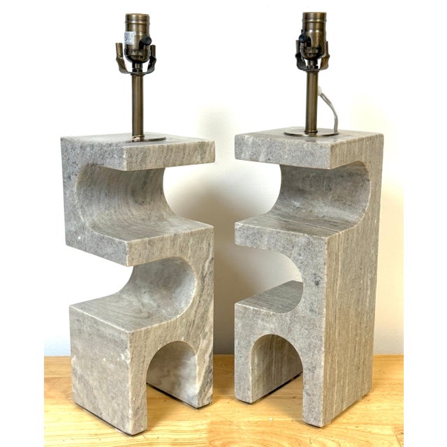 1980s Italian Sculptural Gray Marble Architectural Table Lamps - a Pair For Sale - Image 11 of 16