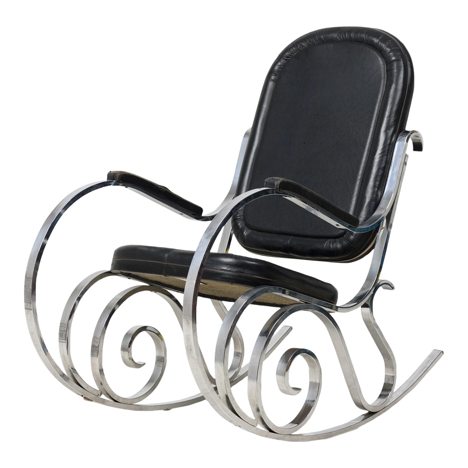 Maison Jansen Mid-Century French Polished Nickel and Black Leather ...