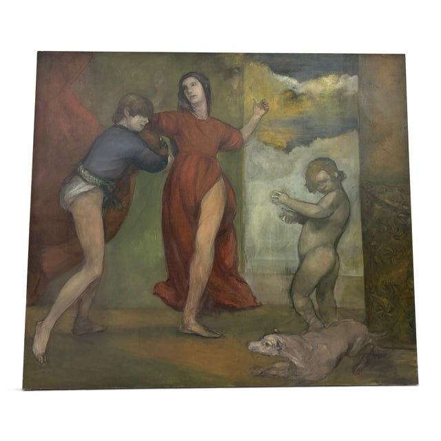 Paul Storey, Three Figures with a Dog, 1980s, Oil on Canvas For Sale - Image 8 of 10