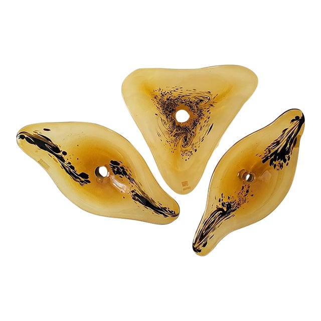 Mid-Century Murano Style Asymmetrical Amber & Tortoiseshell Blown Glass Wall Art Installation Plates - Set of 3 For Sale