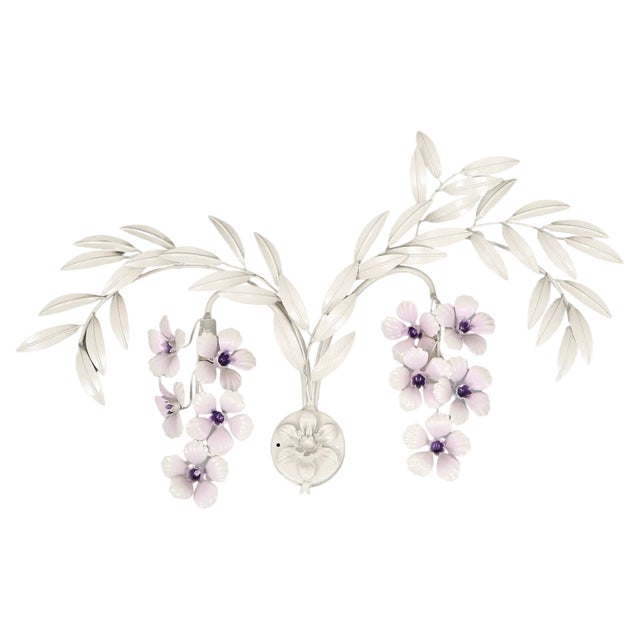 Hollywood Regency Cream White Metal Floral Leaf Wall Lamp For Sale