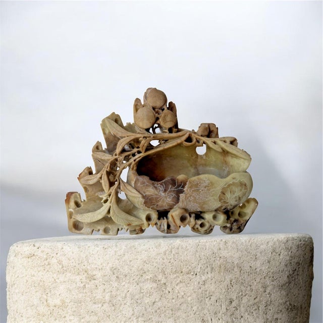 Chinese Vintage Chinese Hand-Carved Soapstone Brush Pot and Inkwell Featuring Intricate Openwork Foliage and Fruit Accents For Sale - Image 3 of 13