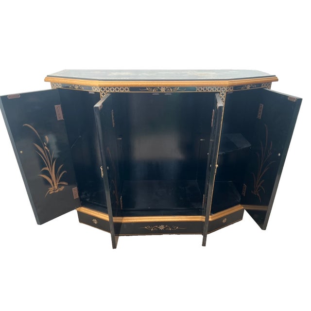 Chinoiserie Vintage Chinese Console Cabinet Chinoiserie Mother of Pearl Applique Asian Style For Sale - Image 3 of 11
