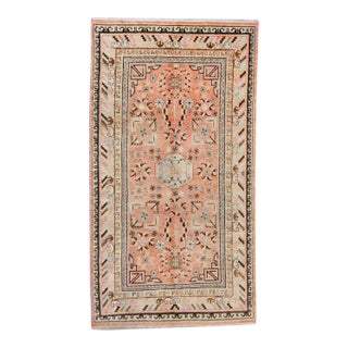 1920s Antique Khotan Rug Medallion Geometric Botanical Peach Brown Hand Knotted Wool Rug - 4’10” X 8’10” For Sale