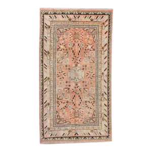 1920s Antique Khotan Rug Medallion Geometric Botanical Peach Brown Hand Knotted Wool Rug - 4’10” X 8’10”