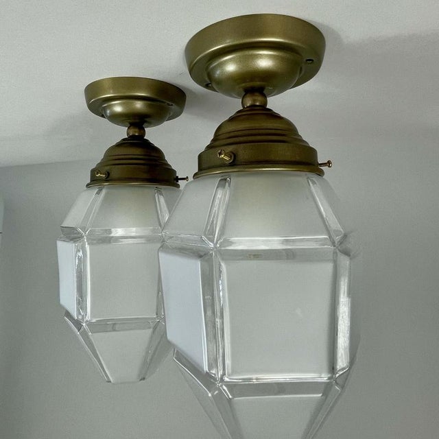 Art Deco Frosted Glass and Burnished Brass Flush Mounts, Austria, 1920s, Set of 2 For Sale - Image 9 of 16