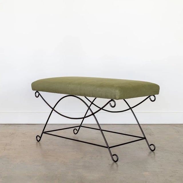 Iron Loop Bench, Green Linen For Sale - Image 4 of 9