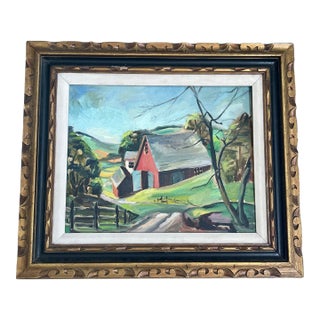 1940’s Original Expressionist Rustic Barn Landscape Painting For Sale