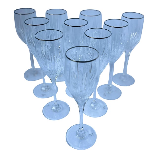 Vintage 1980s Mikasa Arctic Lights Platinum Blown Glass Wine Stems Set of Ten For Sale
