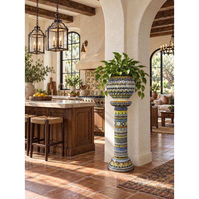An extraordinary hand-painted Italian maiolica (majolica) jardinière and coordinating pedestal by Franco Mari of Deruta,...