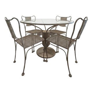 1950s Verdigris Hollywood Regency Mid-Century Wrought Iron Patio Dining Set, 5 Pieces For Sale