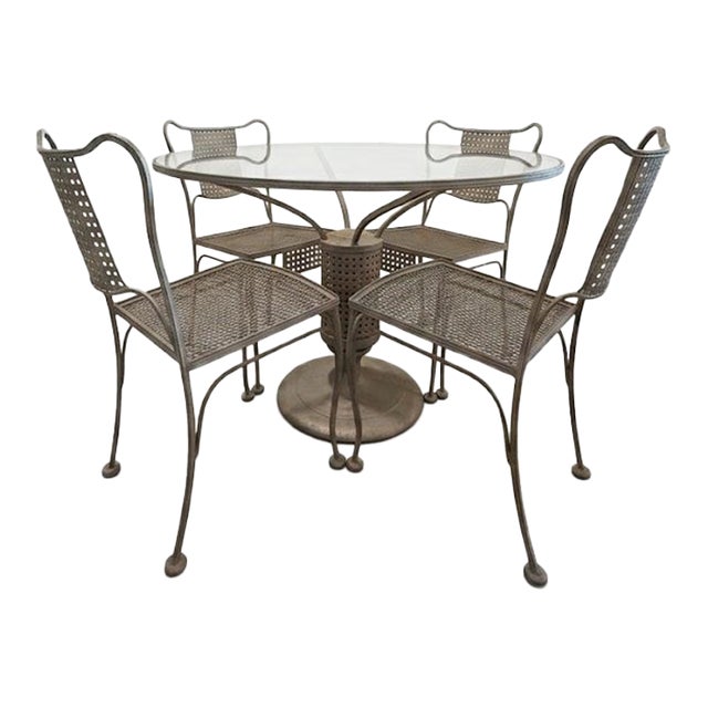 1950s Verdigris Hollywood Regency Mid-Century Wrought Iron Patio Dining Set, 5 Pieces For Sale