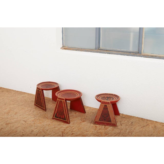 Wooden Stools with Table with South American Motifs, Set of 3 For Sale - Image 11 of 12