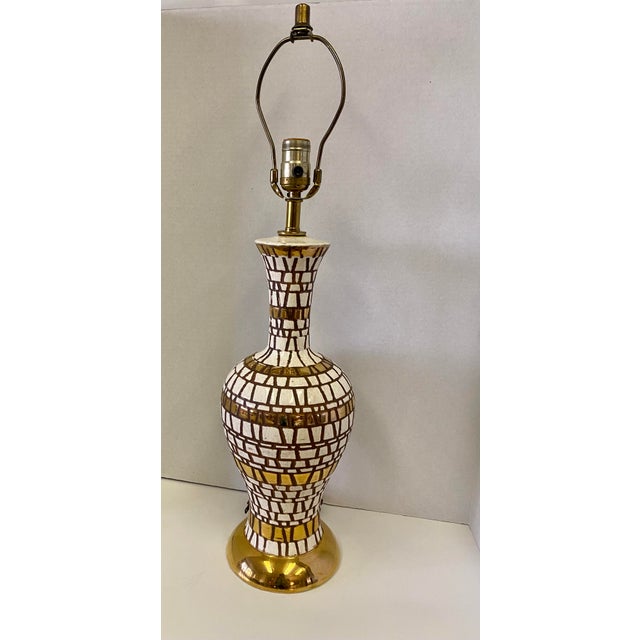 Hollywood Regency Pottery Cream and Gold Glazed Tile Table Lamp.