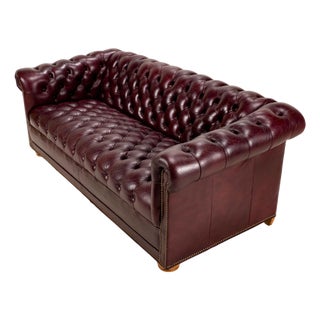 Vintage 1970s Tufted English Chesterfield Style Burgundy Leather Sofa 76" For Sale