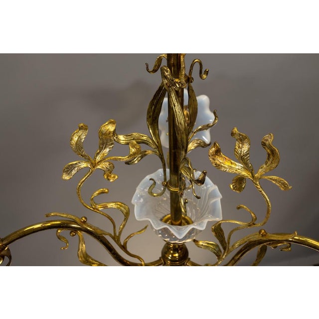 French Art Nouveau Opalescent Glass & Bronze Floral Chandelier, 1920 For Sale - Image 18 of 18