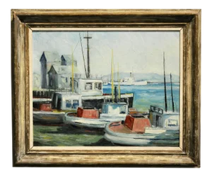 1935 "Boats in the La Harbor-Oil Painting by John Earle Coolidge