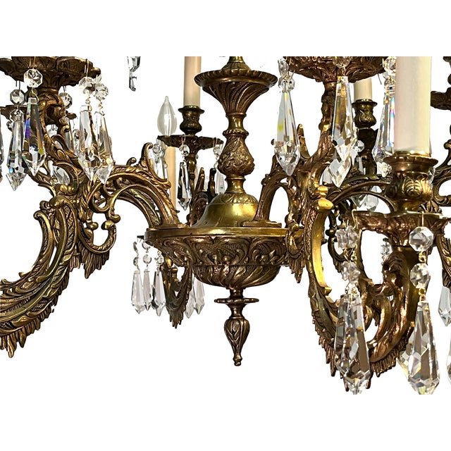 Antique Spanish Brass 6-Arm Heavy Chandelier With Crystal For Sale In Philadelphia - Image 6 of 12