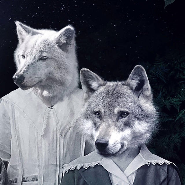 This artwork presents a surreal tableau where human figures are seamlessly merged with wolf faces, creating an intriguing...