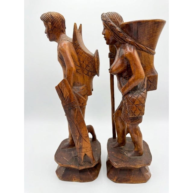 Tribal Vintage Mid-Century Philippine Igorot Hand-Carved Wood Tribal Statues – Pair (Male Warrior & Female Gatherer) For Sale - Image 3 of 5