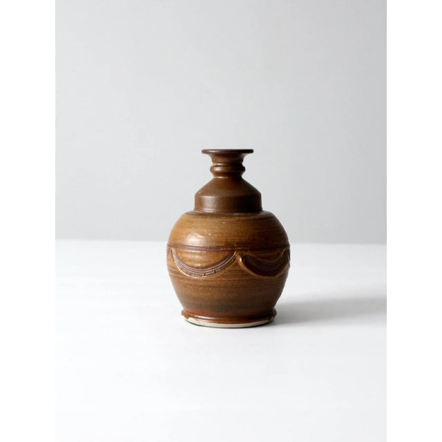 Brown Vintage Bottleneck Studio Pottery Vase For Sale - Image 8 of 8
