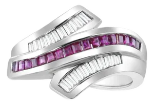 Ruby Diamond Baguette Bypass Cocktail Ring, Size 7