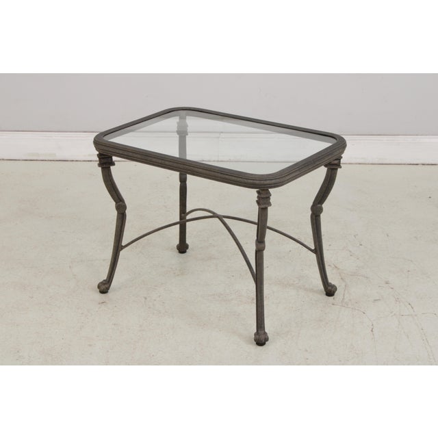 Traditional Outdoor Cast Aluminum Glass Top Patio End Table For Sale - Image 3 of 14