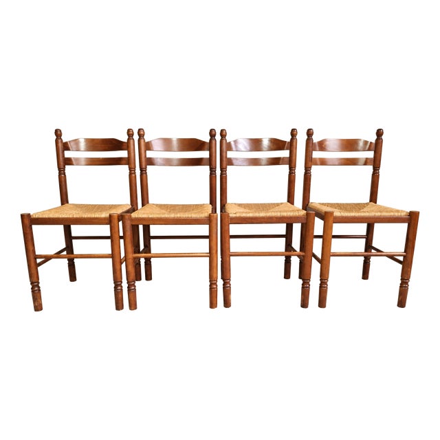 Early 20th Century Louis XIII Rustic Chairs with Straw Seats, Set of 4 For Sale