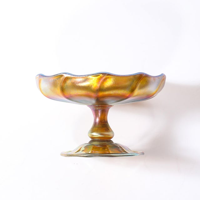 Art Nouveau Art Nouveau Iridescent Yellow Blue Favrile Glass Footed Dish Signed Tiffany & Co For Sale - Image 3 of 17