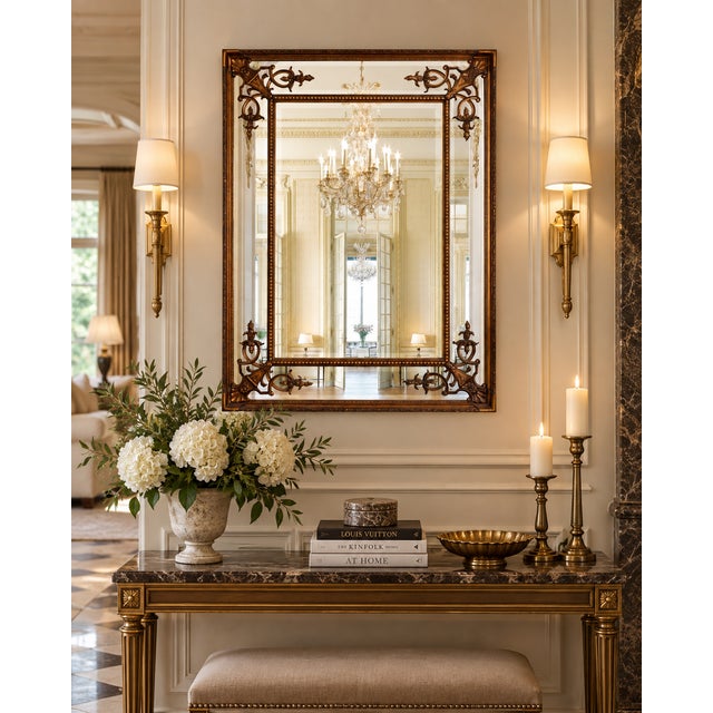Make a striking statement with this ornate European-inspired wall mirror, featuring an intricately detailed solid wood...