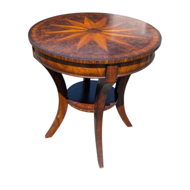 American Vintage Uttermost 28-Inch Round Compass Star Inlaid Wood Bistro Table For Sale - Image 3 of 11