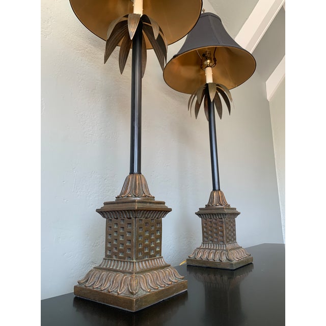 Late 20th Century Large Palm Buffet Lamps With Brass Accents and Black Shades, Pair For Sale - Image 10 of 13