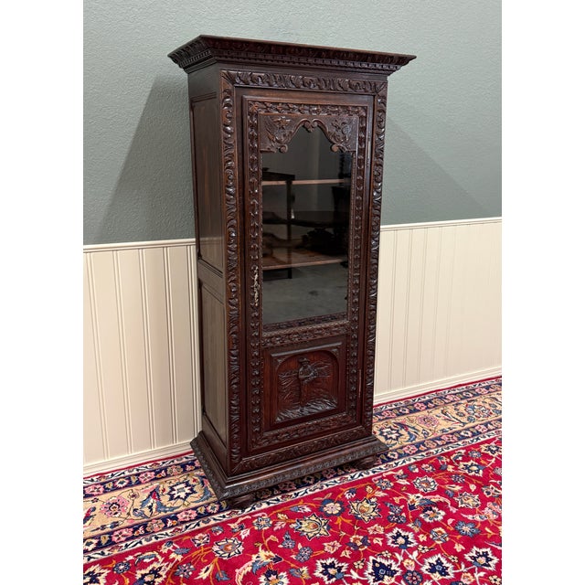 Antique French Breton Bookcase Armoire Linen Cab Wavy Glass Carved Chestnut 19th For Sale - Image 4 of 18