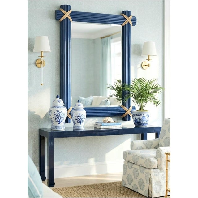 Navy Blue Massive Custom Painted Fluted Glossy Navy Blue Gold Leaf X Corners Nautical Wall Mirror For Sale - Image 8 of 8