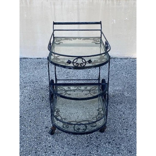 Art Nouveau Vintage Woodard Wrought Iron Leaf & Vine Curved Glass Garden Patio Bar Tea Cart For Sale - Image 3 of 12