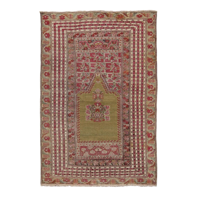 Vintage Turkish Anatolian Prayer Rug With Olive Green Mihrab Design - Rug & Kilim For Sale