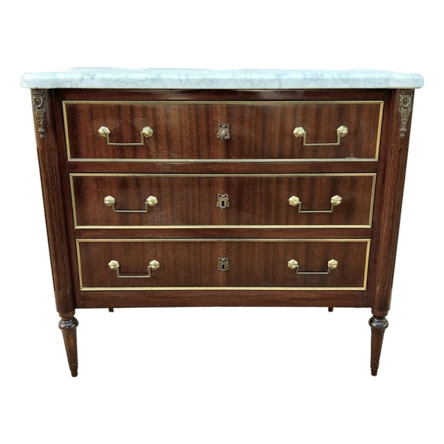 French 19th Century Louis XVI Carrara Marble Top Mahogany Commode For Sale