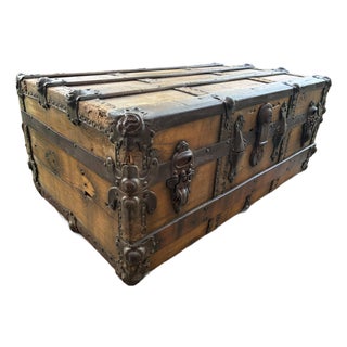 Antique Wood Travel Trunk With Leather Straps and Original Hardware For Sale