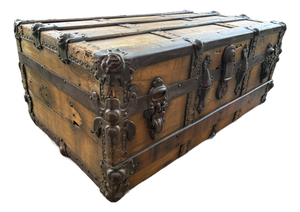 Antique Wood Travel Trunk With Leather Straps and Original Hardware