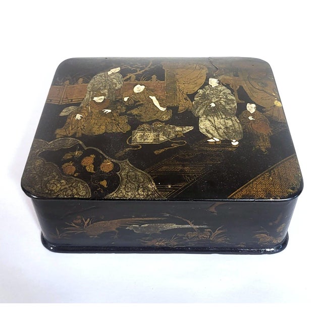 Antique Japanese Black Lacquered Chinoiserie Gilt Painted Jewelry Box For Sale - Image 4 of 16