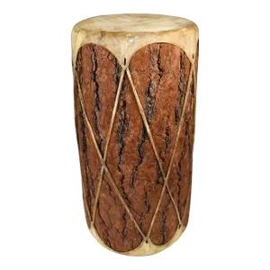 Mid 20th Century Handmade Double Sided Rawhide Leather Covered Hollow Bark Log Drum