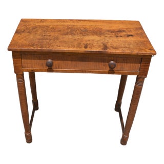 1930s Vintage Small Rustic Tiger / Burl Maple Wood Writing Desk / Hall Table With Single Drawer For Sale