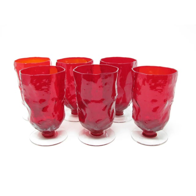 Ruby Red Vintage Morgantown Crinkle Ruby Red Glass Water Goblets Iced Tea Glasses With Pitcher - 7 Pieces For Sale - Image 8 of 13