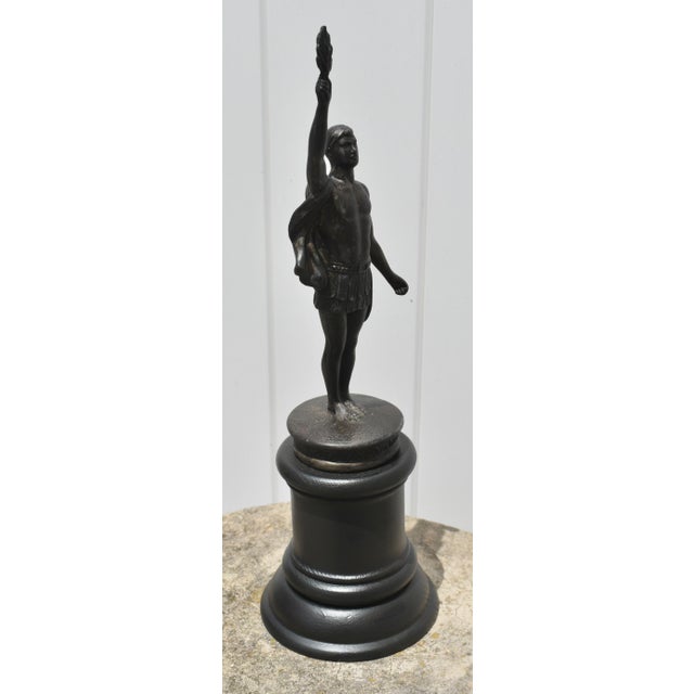 Vintage Olympian Man With Torch Metal Statue on Wood Base For Sale - Image 10 of 12