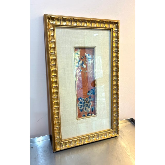 Early 20th-century rust/peach embroidered silk panel in giltwood frame. Excellent condition. Measures 21" x 12.5"...