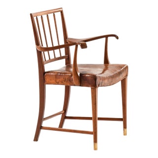 Armchair in Brass, Leather and Mahogany attributed to Jens Brøtterup, 1950s For Sale