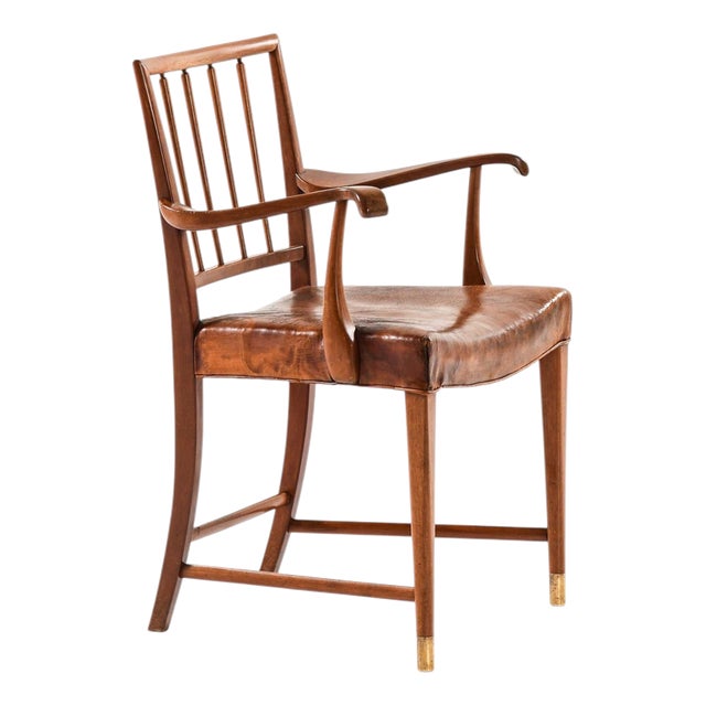 Armchair in Brass, Leather and Mahogany attributed to Jens Brøtterup, 1950s For Sale